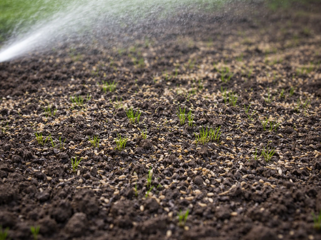 Gentle sprinkler mist watering a freshly seeded lawn; dark moist soil and tiny sprouts, not flooded.