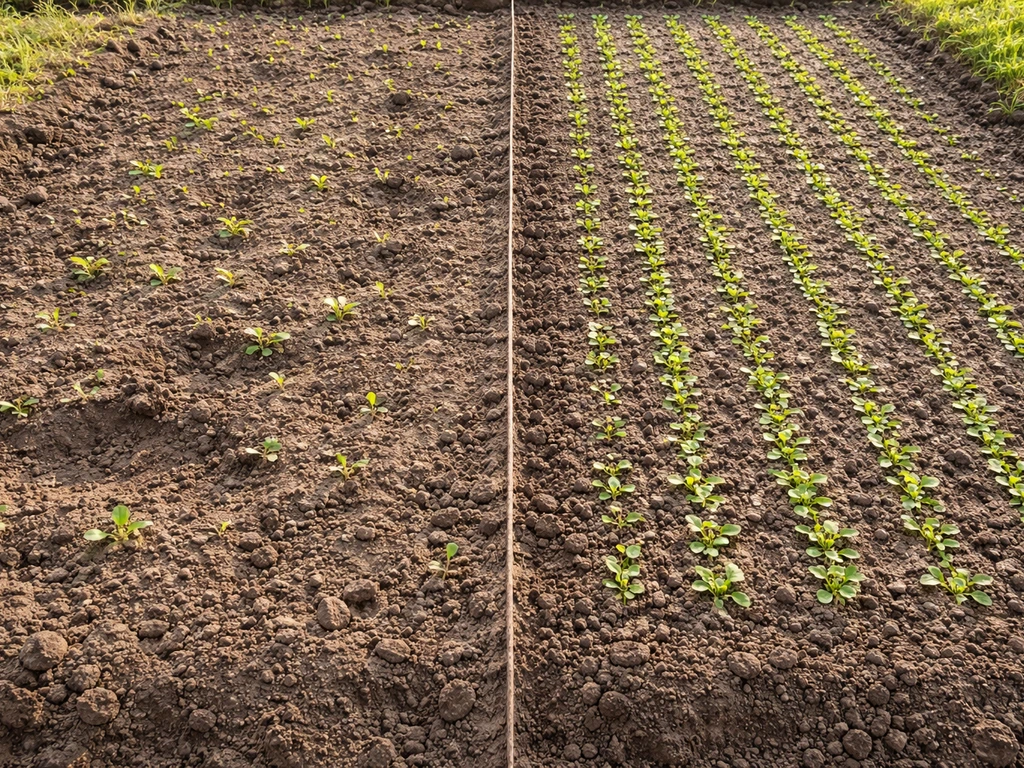Split seedbed with patchy seedlings on one side and evenly growing sprouts on the other.
