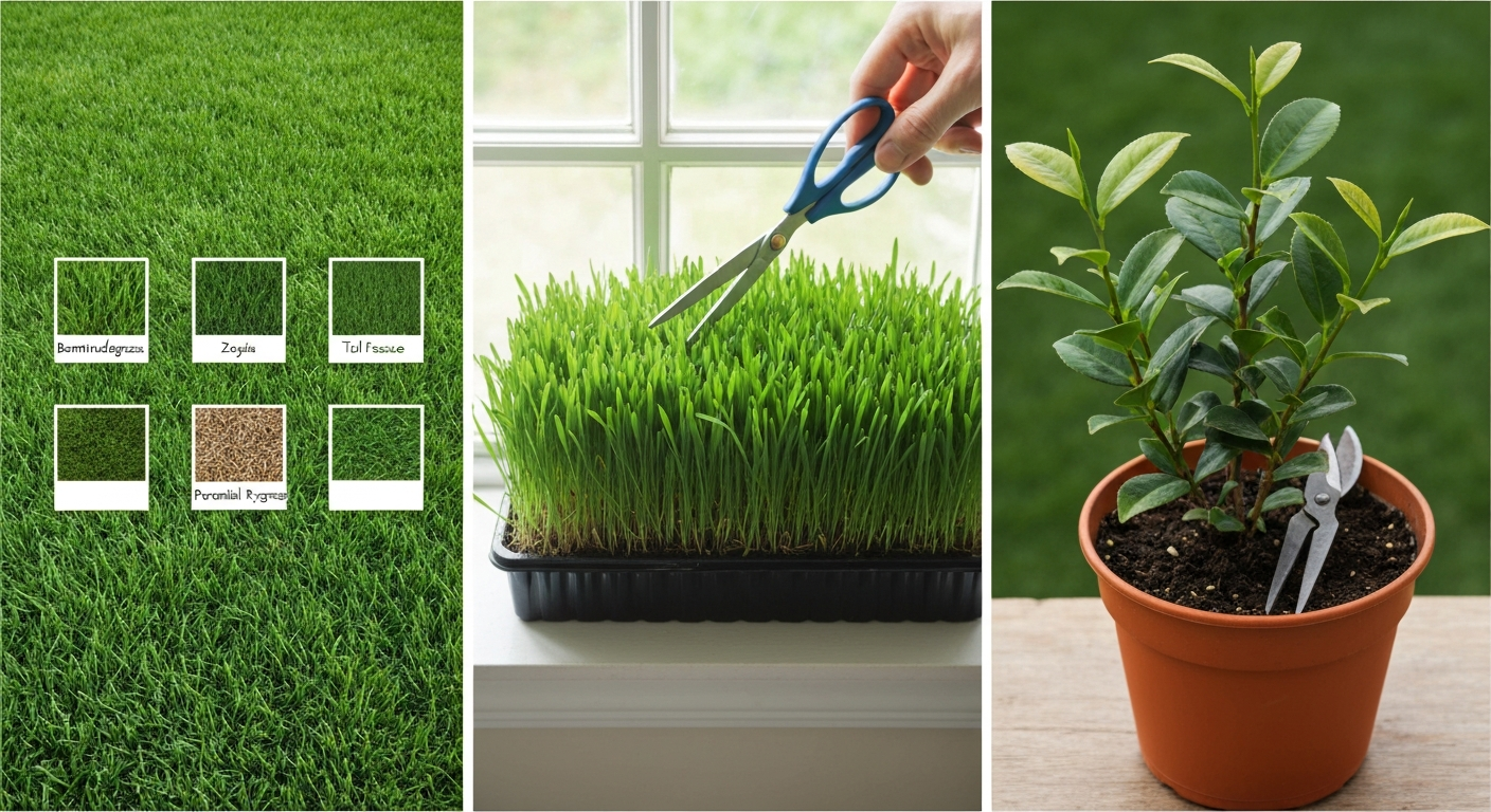 Triptych: lawn turf swatches, wheatgrass tray being harvested, and potted Camellia sinensis tea plant.