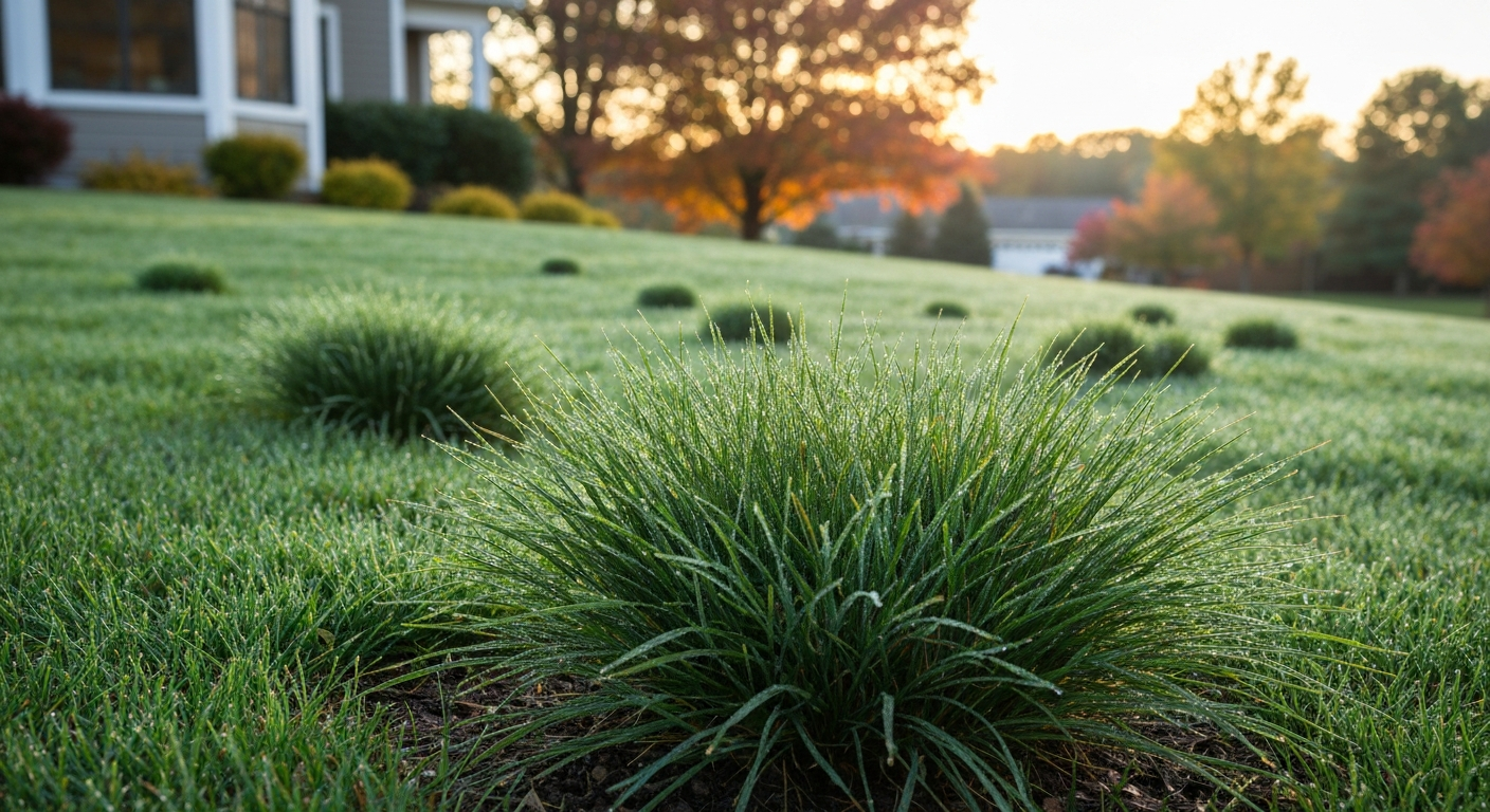 Wide, photorealistic view of a healthy Kentucky 31 tall fescue lawn in early fall, showing coarse blades, clumping habit, and backyard context.