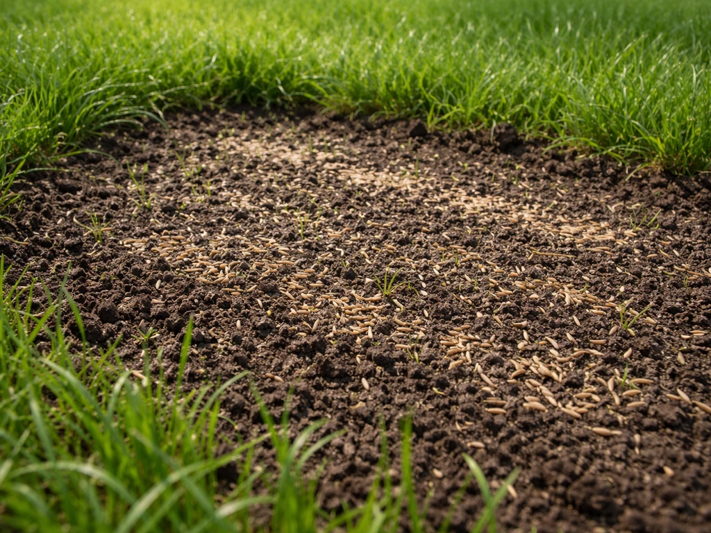 Freshly seeded soil bed in a healthy green lawn with tiny new grass blades and rake texture.