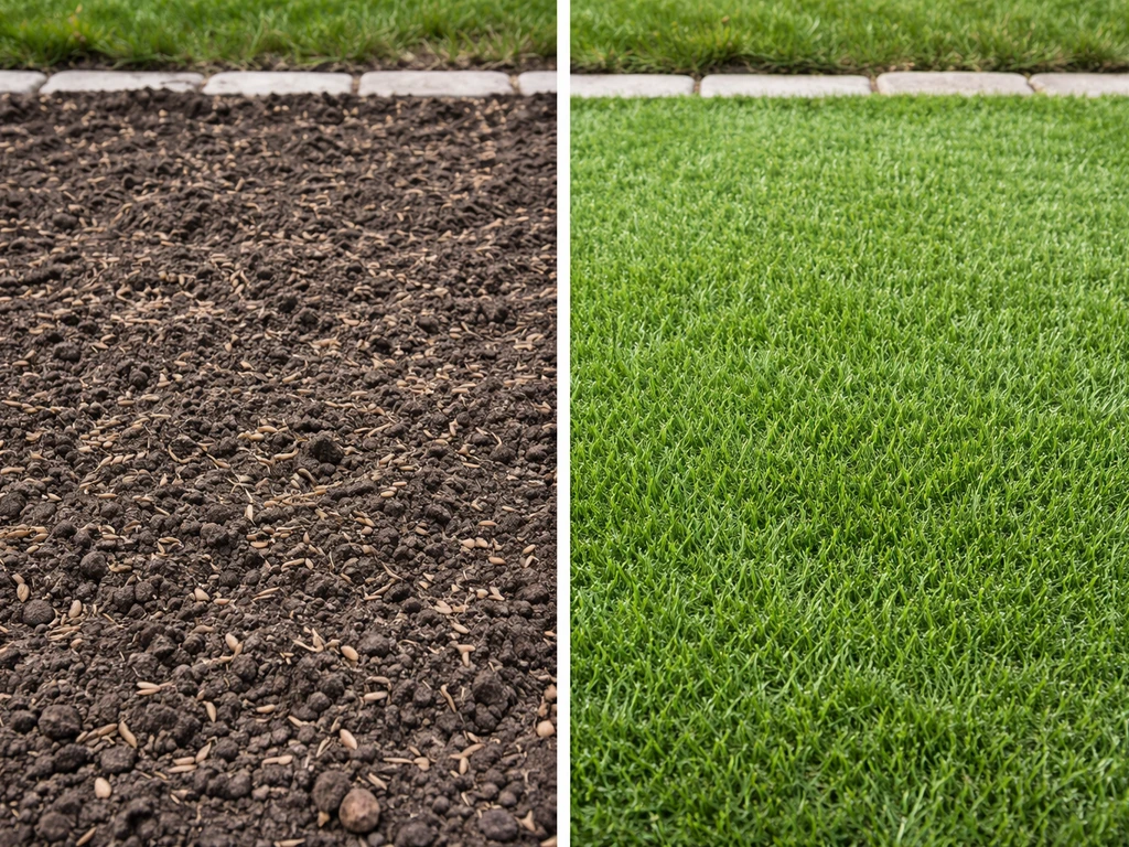 Split view of bare soil being prepared for grass seed next to an artificial turf patch
