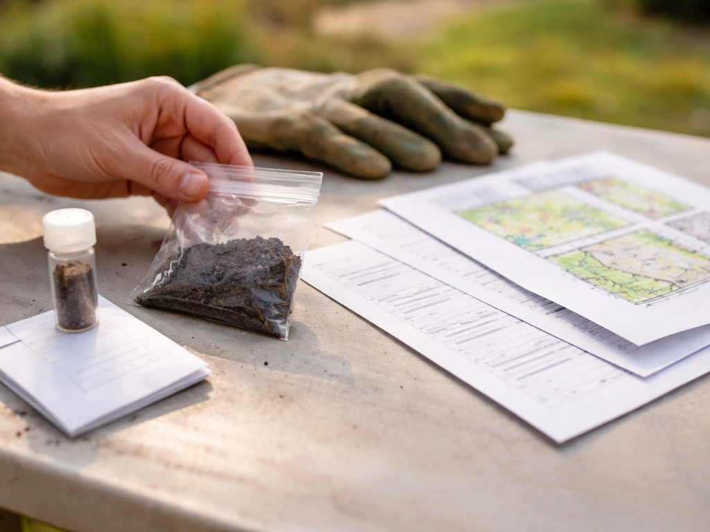 Garden soil test kit and sample bag on a workbench beside a simple lawn plan.