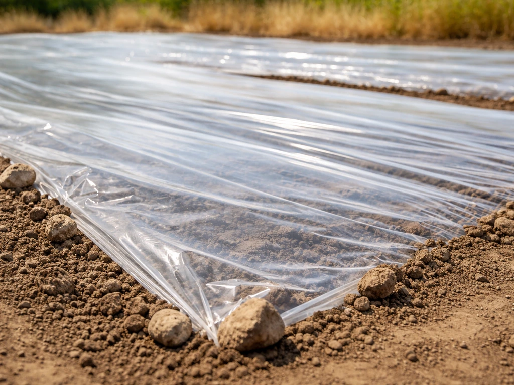 Clear plastic sheeting sealed over prepared soil with stones, suggesting solarization for weed control.
