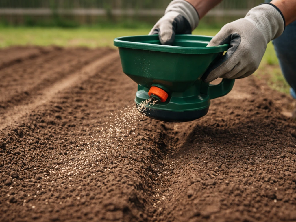 Prepared soil in a garden bed with a calibrated broadcast spreader releasing grass seed