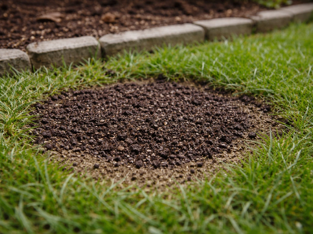 Close-up of a lawn edge bare spot being patched with fresh seed and lightly covered compost.