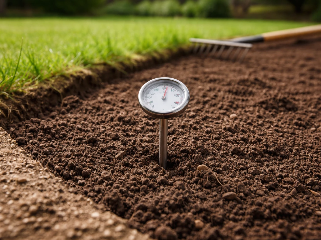 Soil temperature gauge inserted in prepared backyard soil next to a raked planting bed.