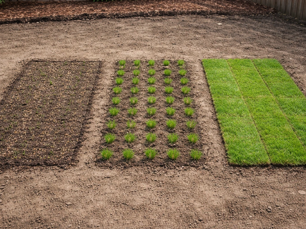 Three garden sections side-by-side: seeded Korean grass, evenly spaced plugs, and freshly laid sod for coverage.