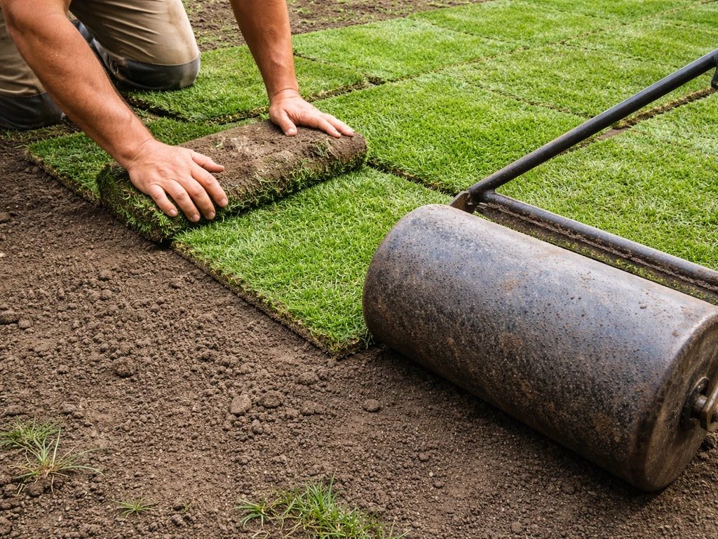 Hands place sod in staggered rows on a moist seedbed while a lawn roller presses it down.