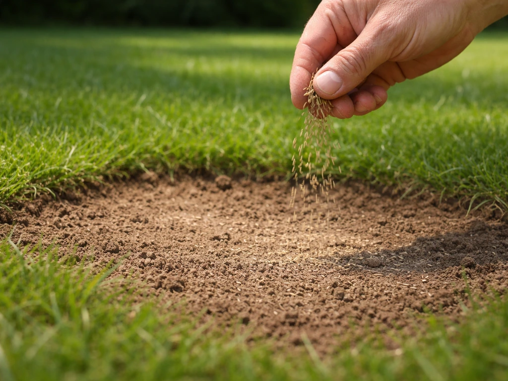 Hand overseeding grass seed over a lightly raked bare patch in a sunny yard