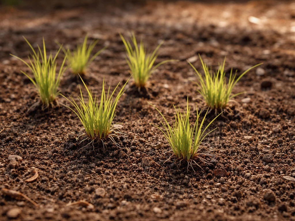 Close-up of newly planted kusha grass clumps sprouting from soil in warm sunny home garden light
