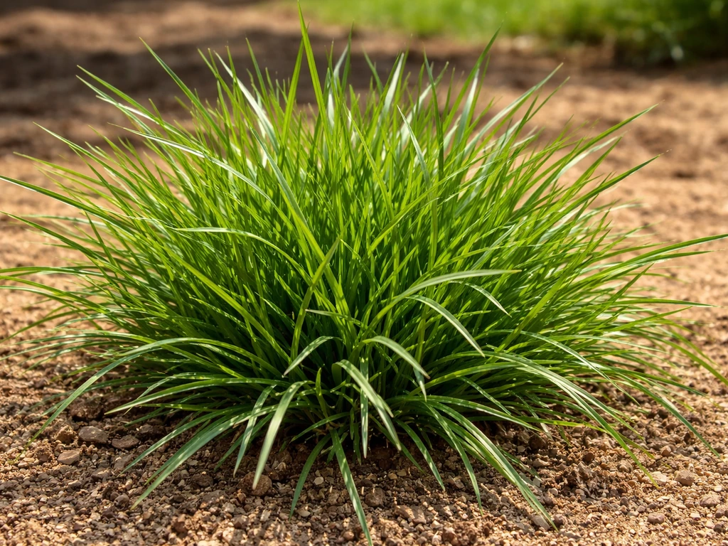 Close-up of healthy kusha grass clump in bright full sun, showing detailed leaf texture