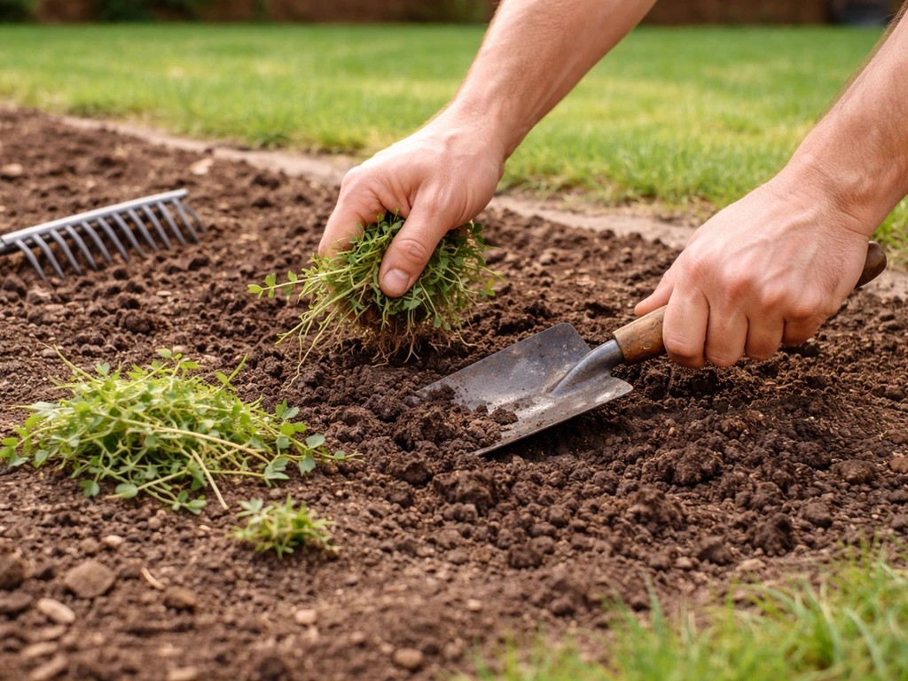 Hand clearing weeds and loosening soil in a simple garden bed for kusha grass planting