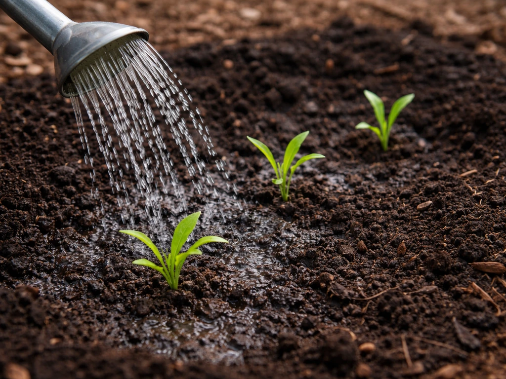 Freshly planted slips with water droplets and a gentle watering can over soil