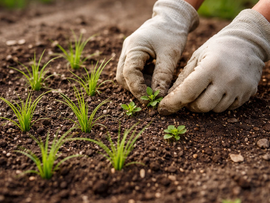 Hands carefully pulling young weeds from a small area of kusha grass slips in a garden bed.