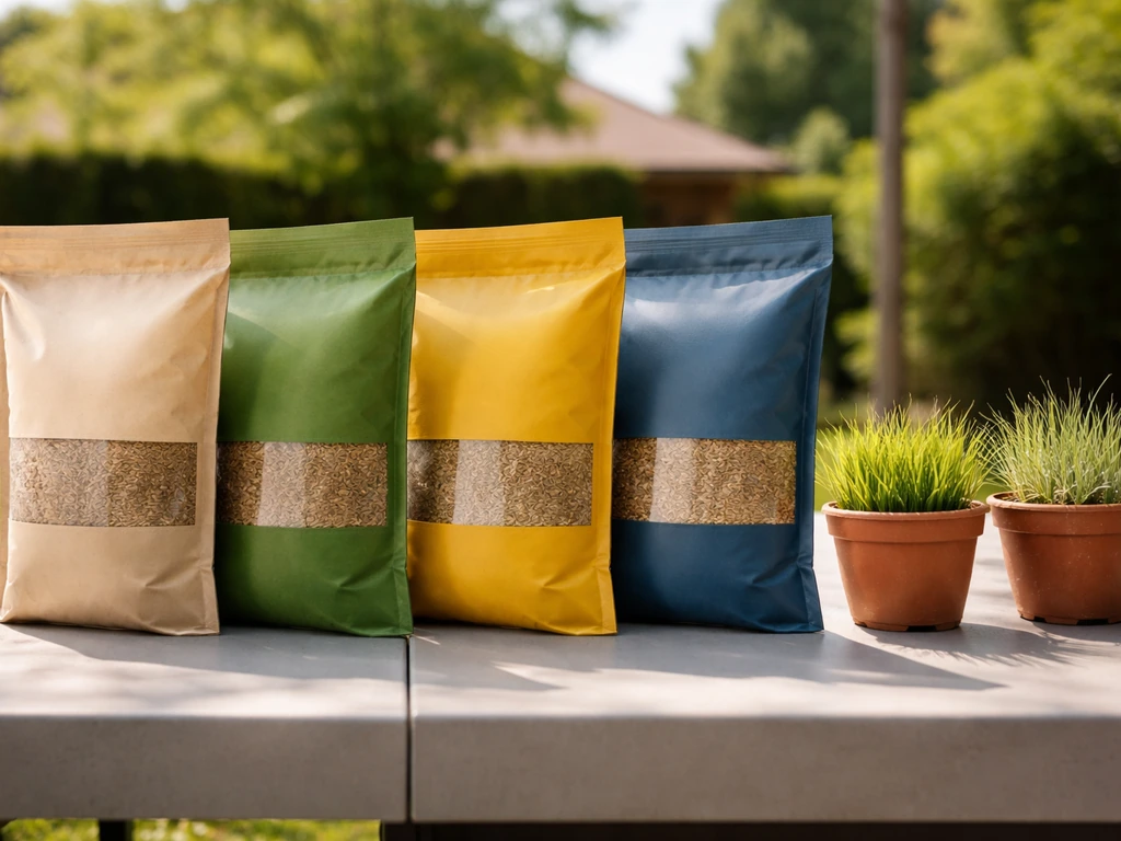 Unbranded seed bags and two small grass pots in sun vs shade to show choosing lawn grass for climate.