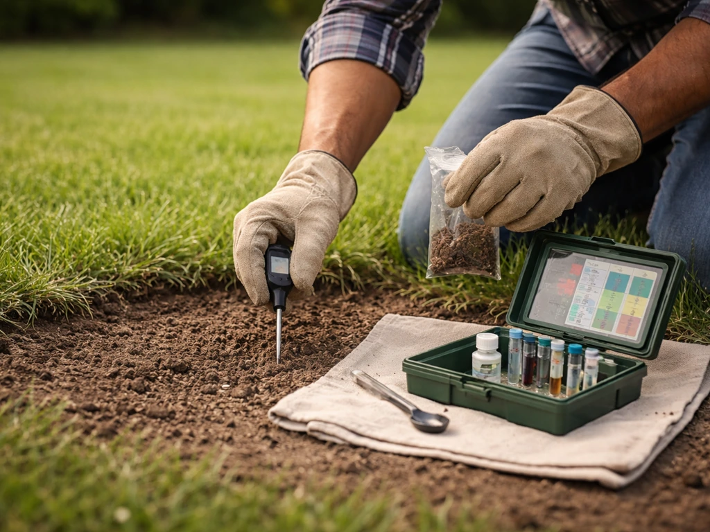 Anonymous homeowner kneeling on a lawn testing soil with a handheld kit before seeding.