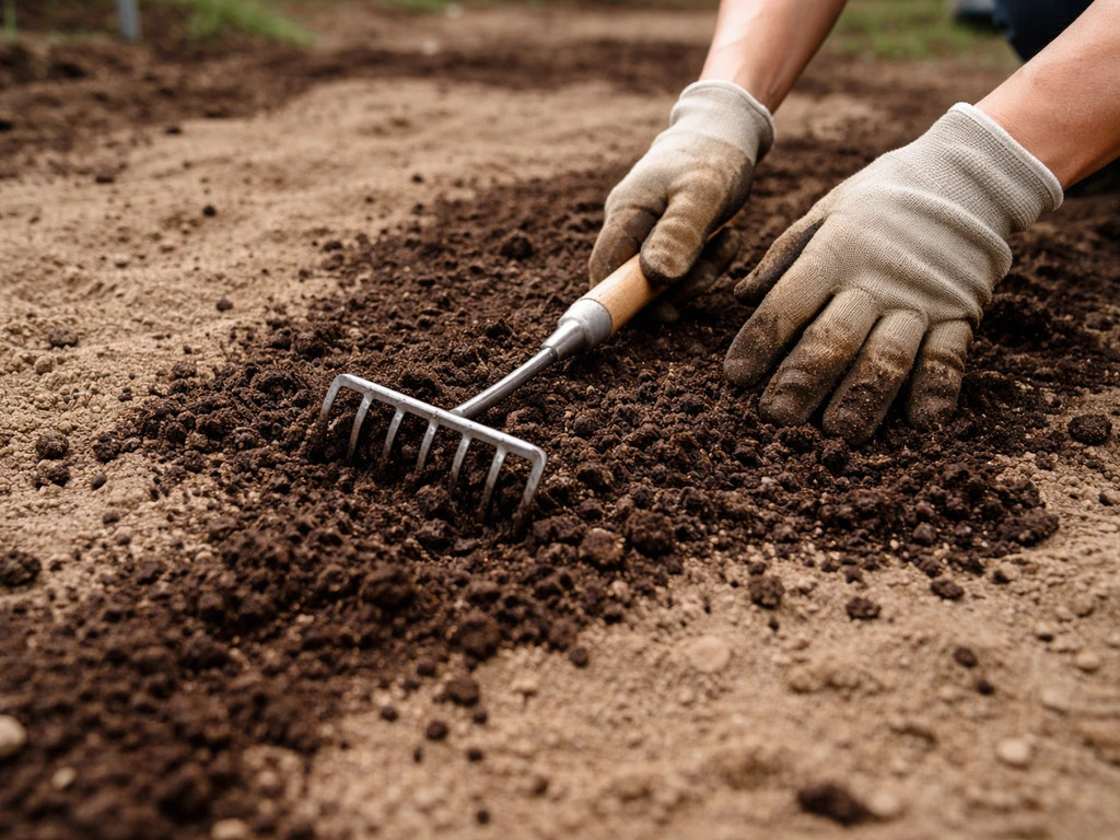 Gloved hands spreading compost over sandy soil and raking it into the top layer
