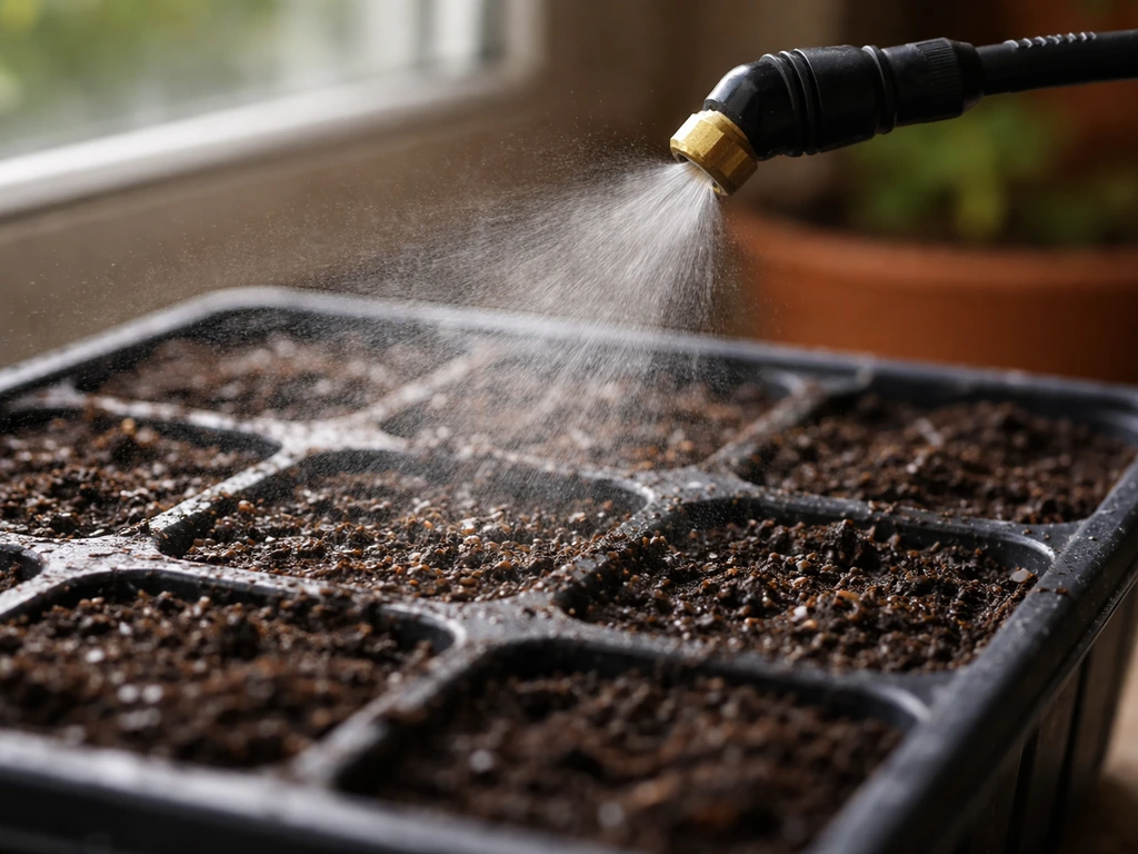 Fine mist sprinkler watering seed-starting soil, keeping the top layer moist without puddling.