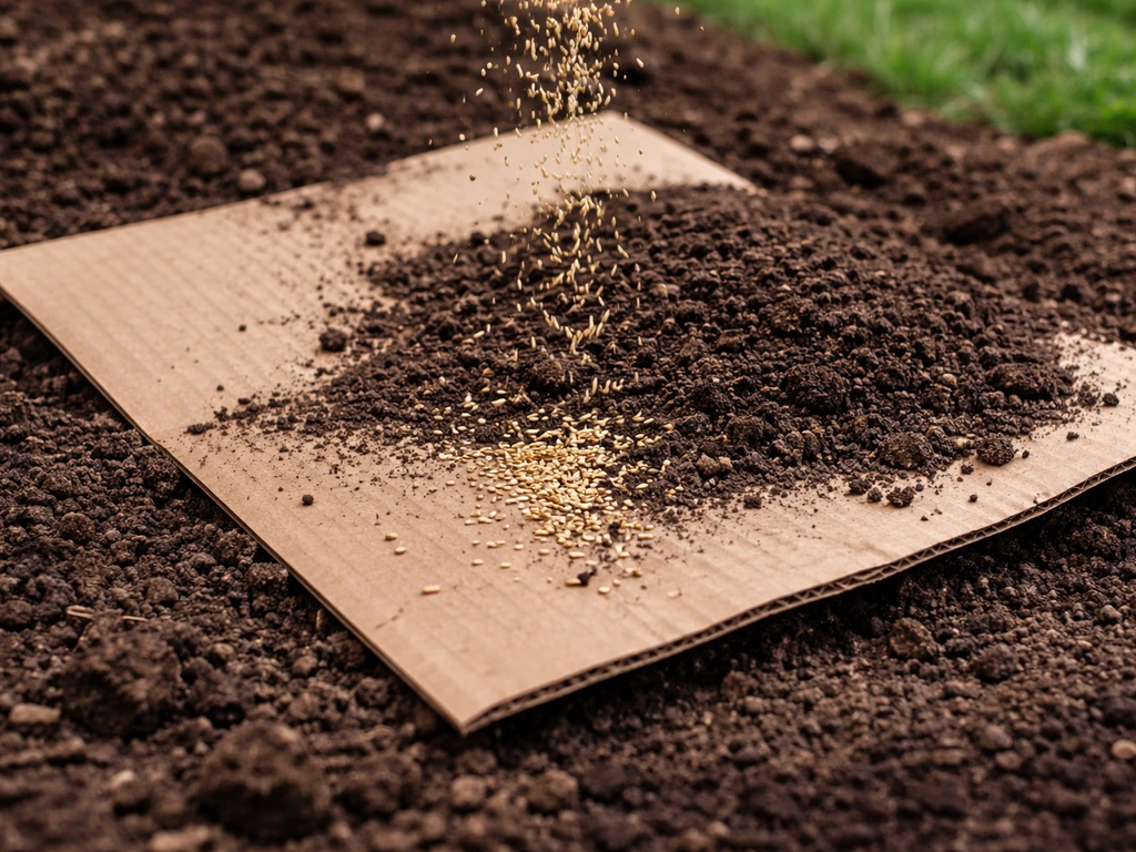 Close-up of grass seed and soil being spread over a cardboard weed barrier layer in a yard