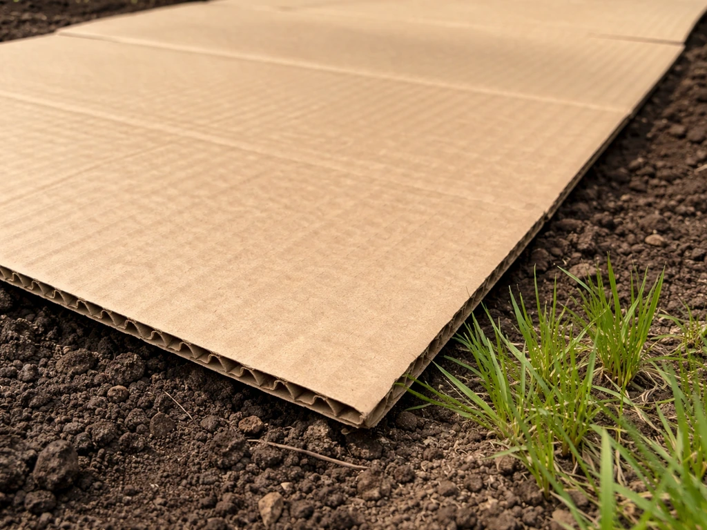 Intact corrugated cardboard covering soil with small grass shoots stopped from penetrating.