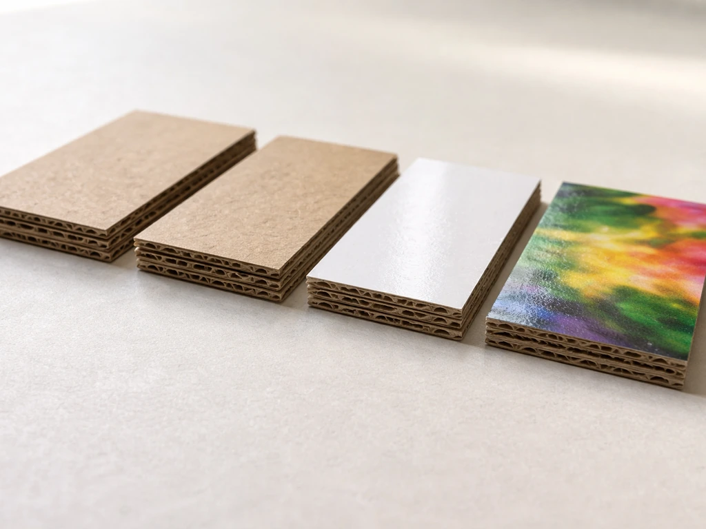 Close-up of plain brown corrugated cardboard samples beside shiny glossy and heavily printed coated pieces
