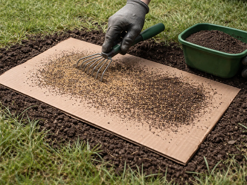 Gloved hand lightly rakes seed and adds topdressing over cardboard on a short-mowed lawn.