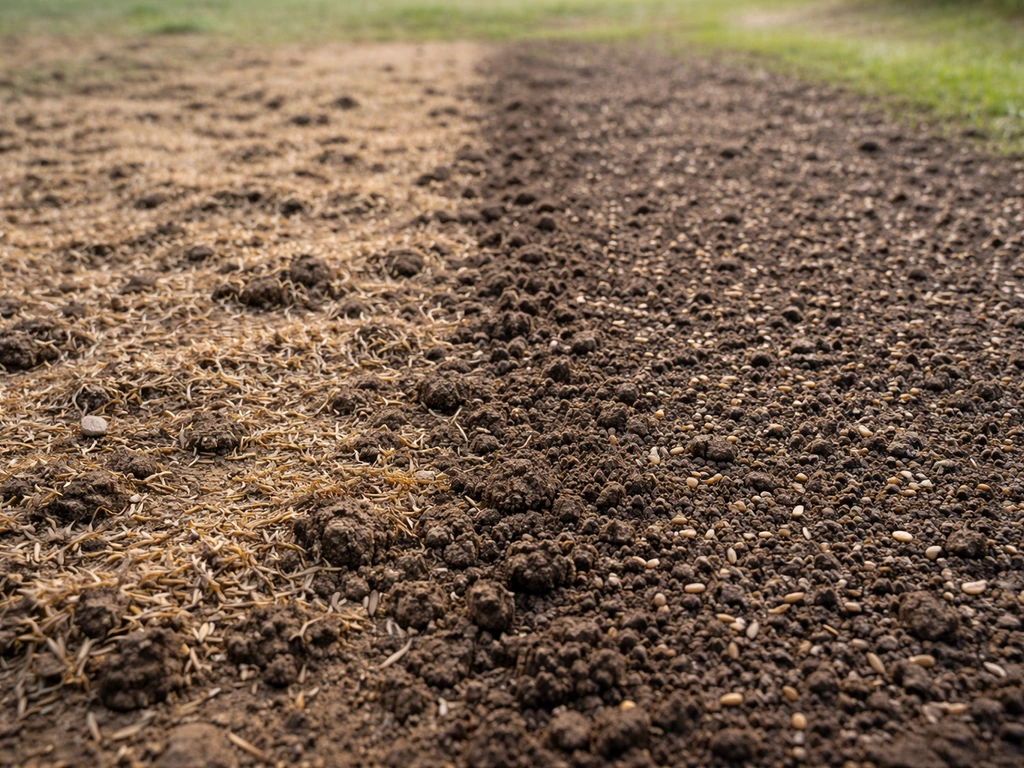 Close-up of a grass seedbed with patchy germination on one side and well-raked seed contact on the other.