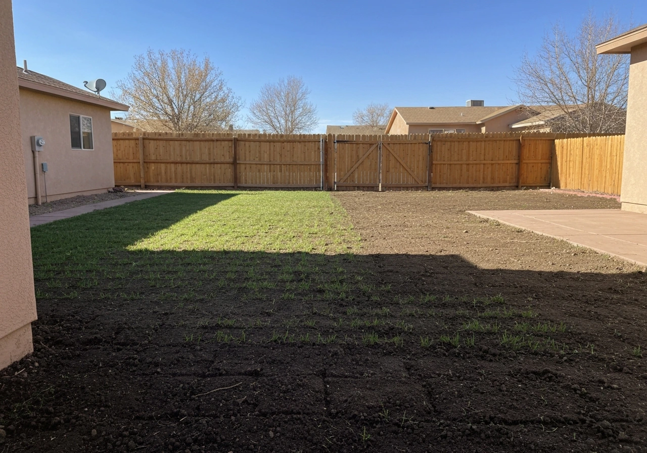 Wide view of a newly seeded Albuquerque backyard lawn with fresh soil and early green sprouts