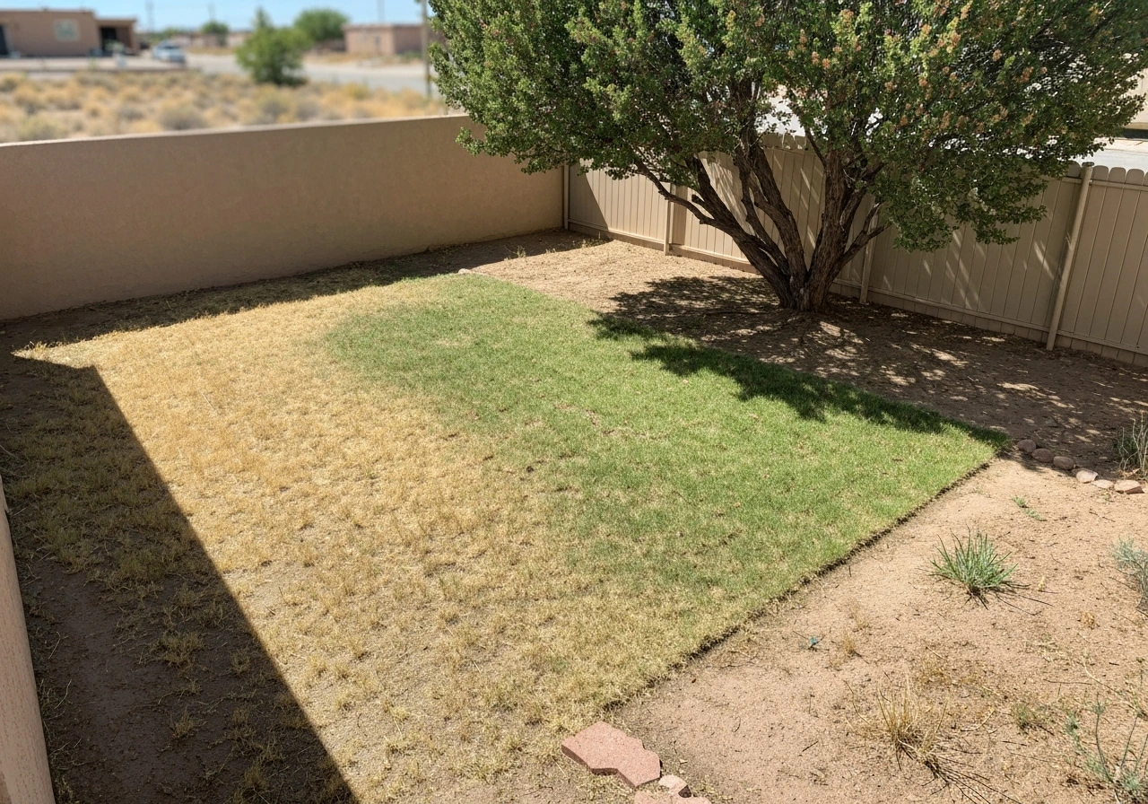 Albuquerque backyard showing a bright sunny patch versus a shaded area with cooler turf