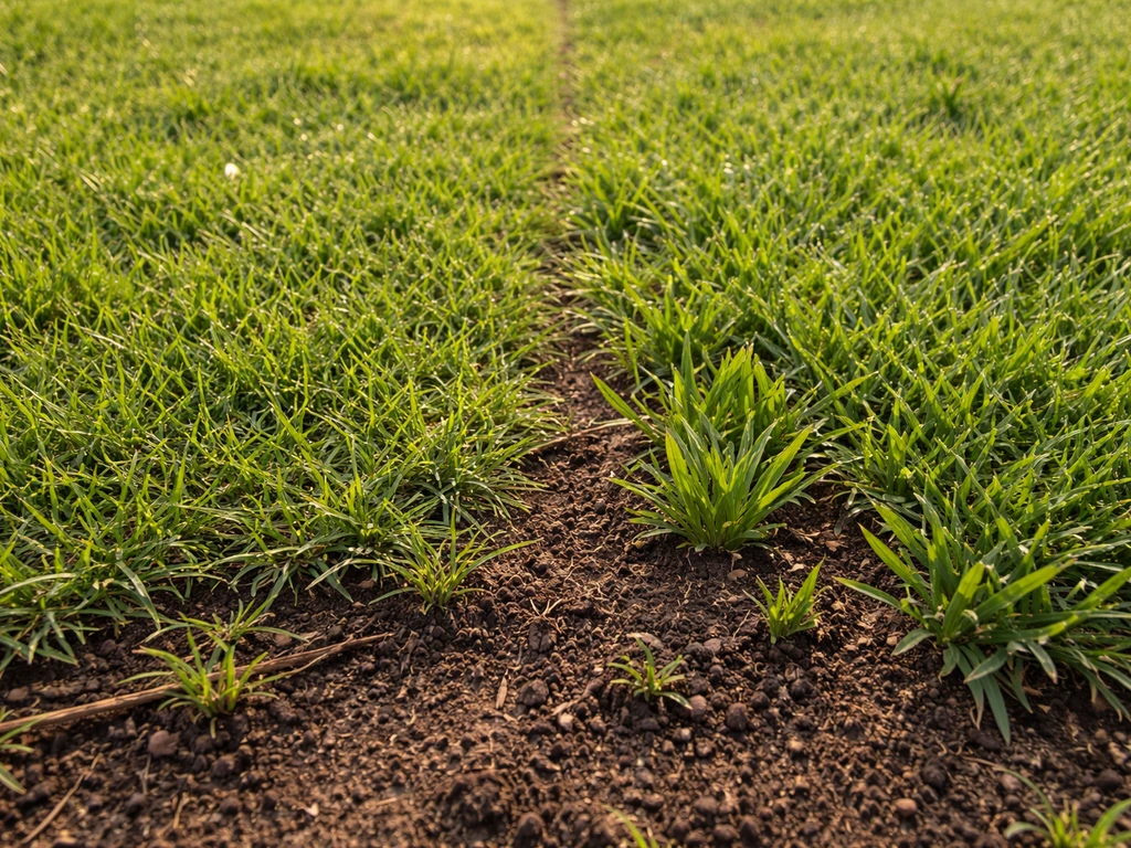 Side-by-side close-up of bermudagrass and zoysiagrass seedlings in warm-season lawn soil and sun.