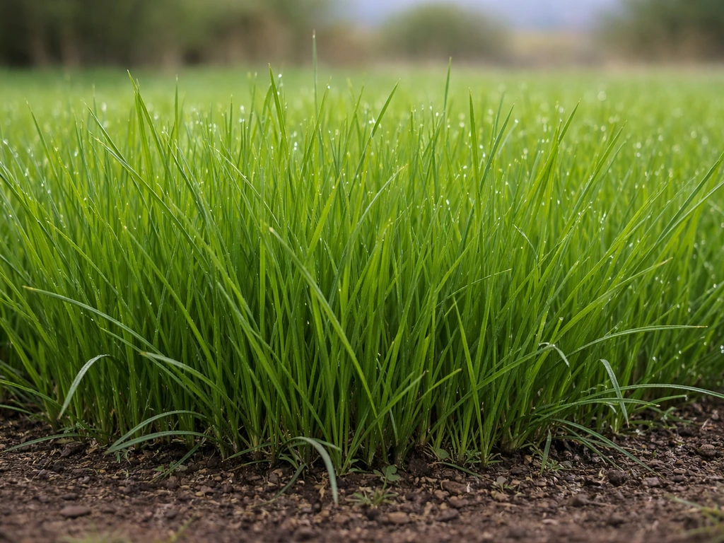 Lush green tall fescue grass blades in a cool-season lawn patch with soft background blur.