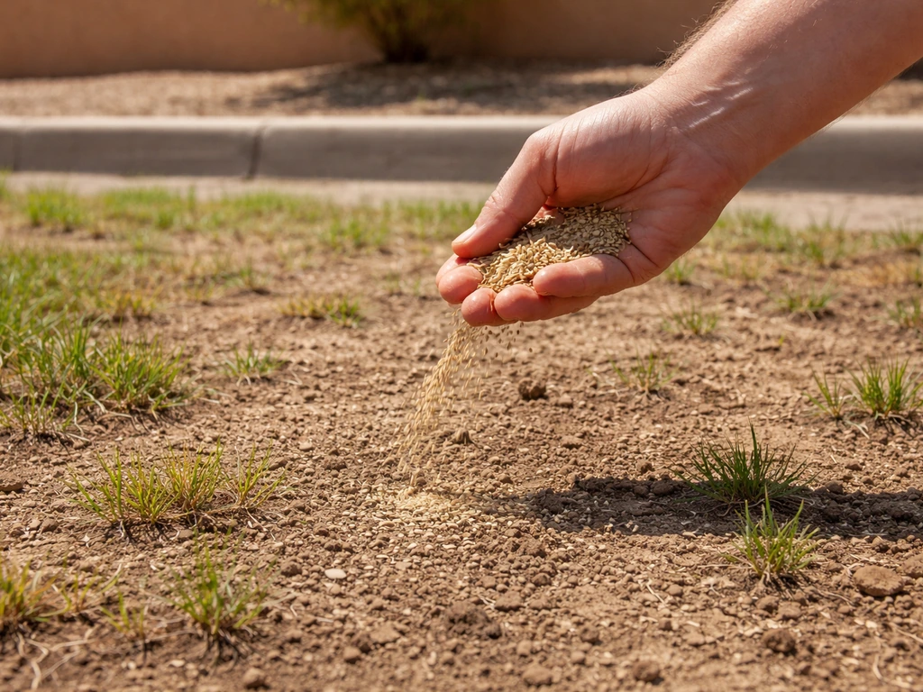Hand sprinkling bermudagrass seed into dry Albuquerque soil with faint early growth in mild fall light