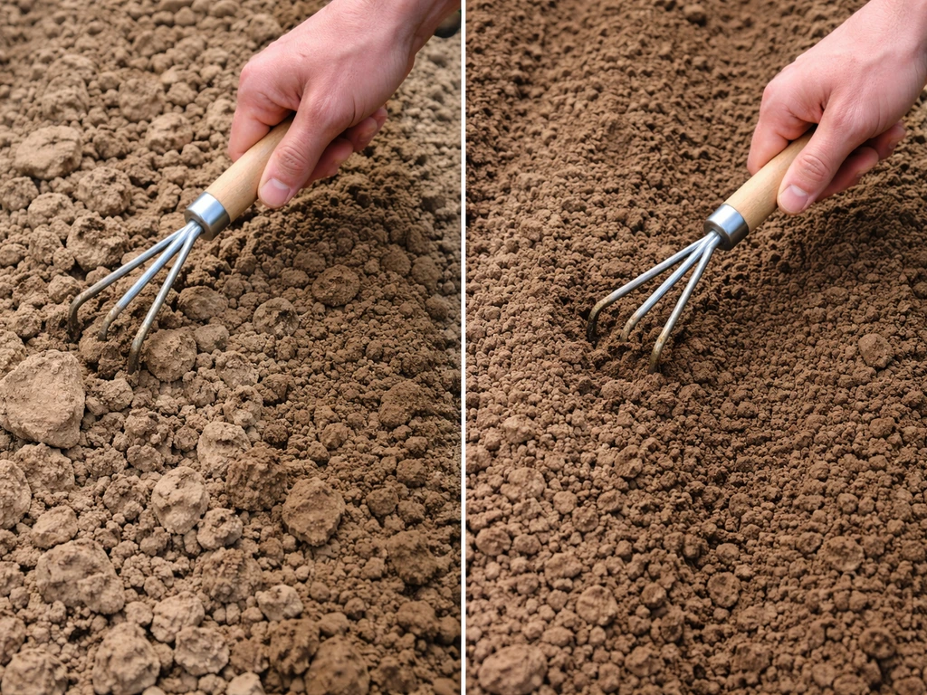 Hand cultivator loosening compacted clay into a fine, smooth seedbed texture near garden rows.