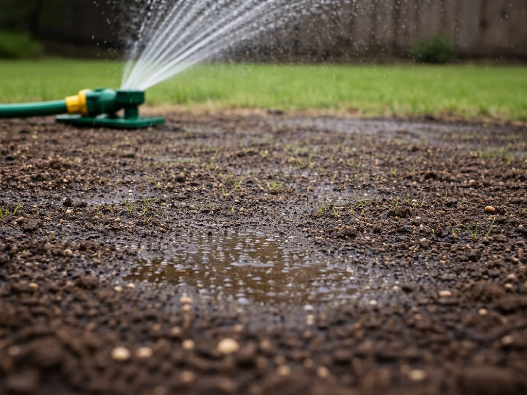 Sprinkler gently watering a newly seeded lawn, with visibly damp soil for germination.