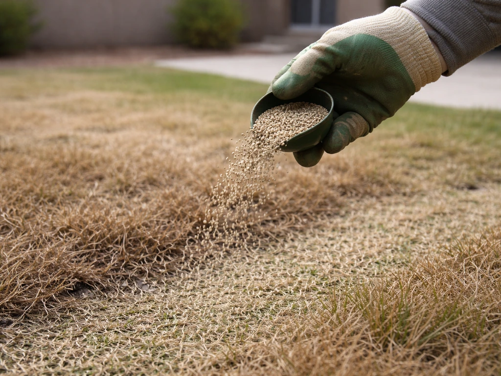 Gloved hand overseeding a dormant Arizona bermudagrass lawn with rye/fescue seed granules.