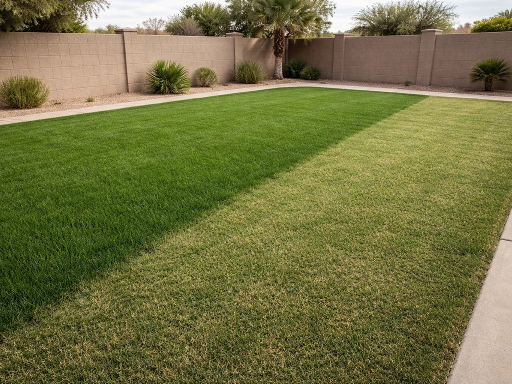 Arizona backyard with warm-season bermudagrass fading into overseeded winter cool-season grass in rows.