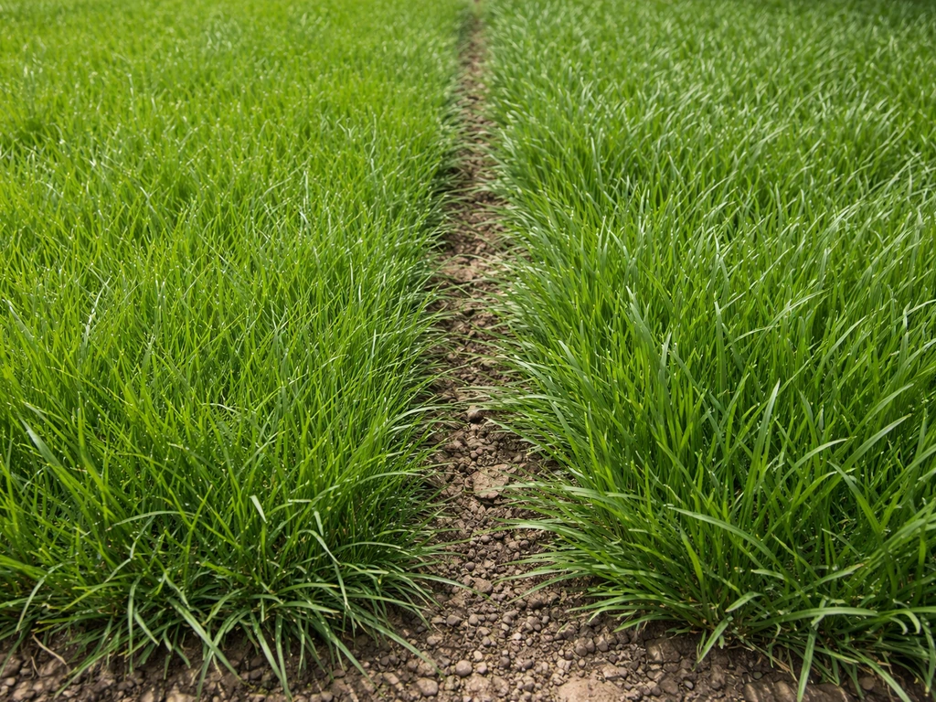 Closeup of two adjacent grass sections showing ryegrass vs fescue texture and color differences.
