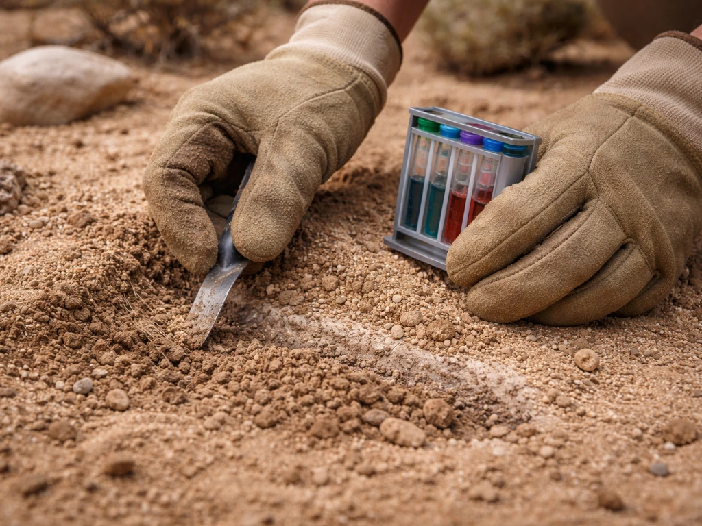 Gloved hands scrape alkaline desert soil and test pH with a handheld kit in a minimal Arizona garden bed