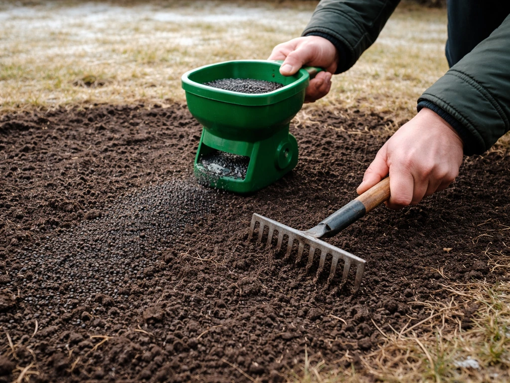 Hands dropping winter grass seed from a spreader onto prepared soil, lightly raked for seeding