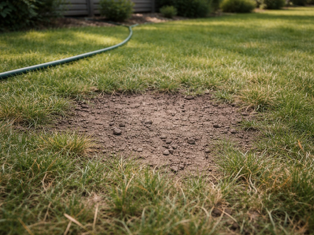 Close-up of bare lawn soil with patchy grass and clumped, dry ground suggesting seed failure.