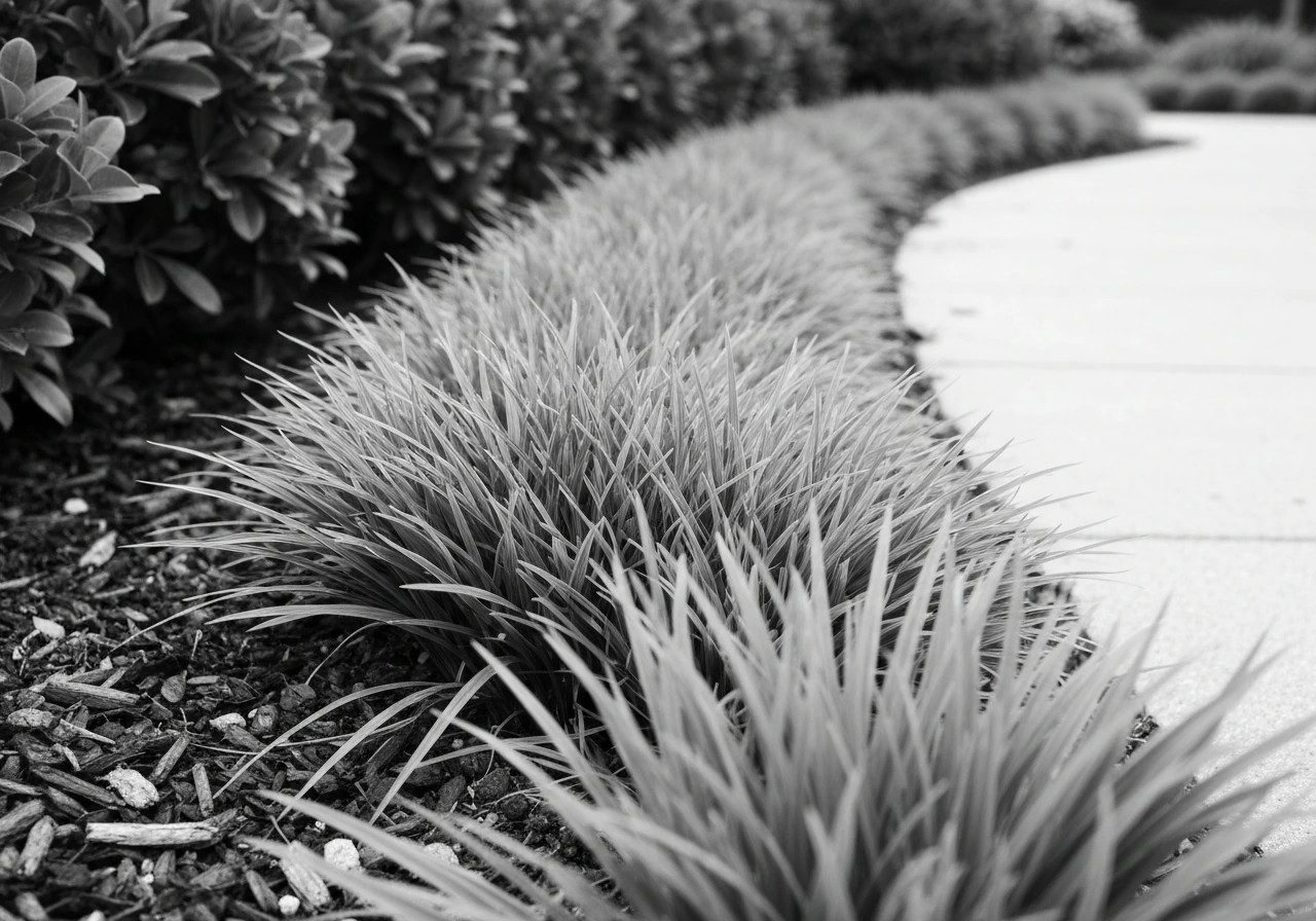Monochrome photo of dense monkey grass edging filling a garden bed, showing a neat, uniform groundcover look.
