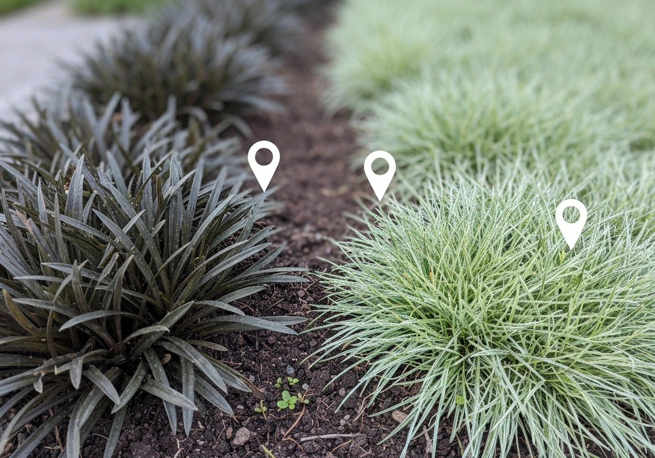 Close-up of monkey grass groundcover with two subtle color-coded callouts for lilyturf vs mondo grass.