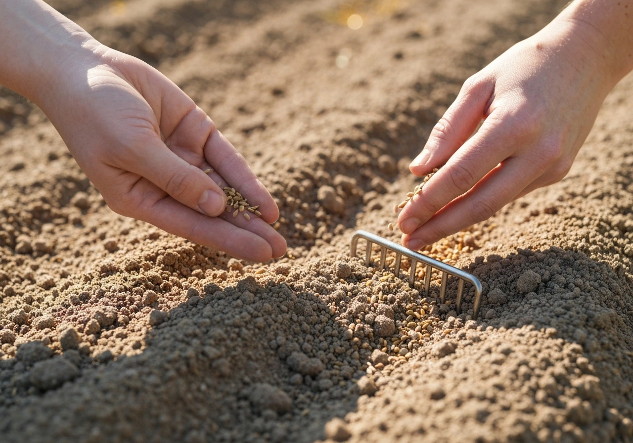 Gardening hands sow monkey grass seeds onto shallow, warm prepared soil.