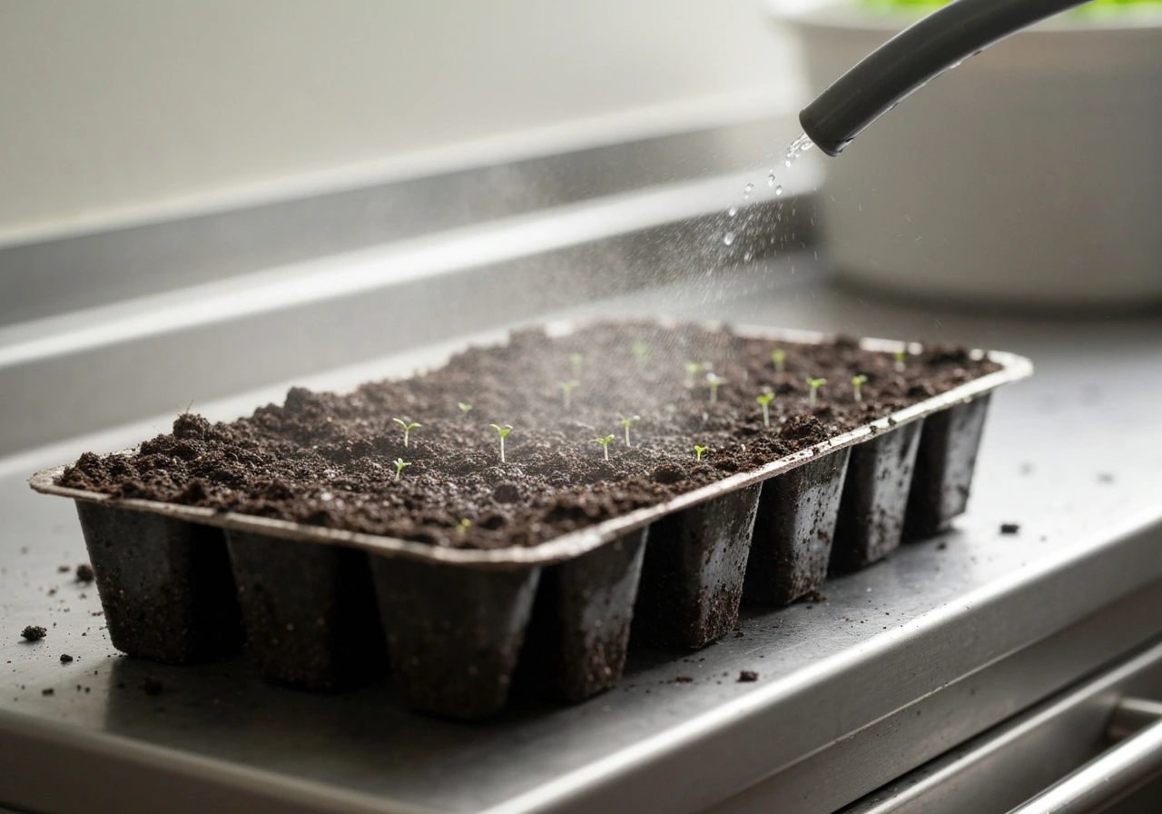 Shallow seedling tray with dark damp soil and a fine mist watering the surface consistently.