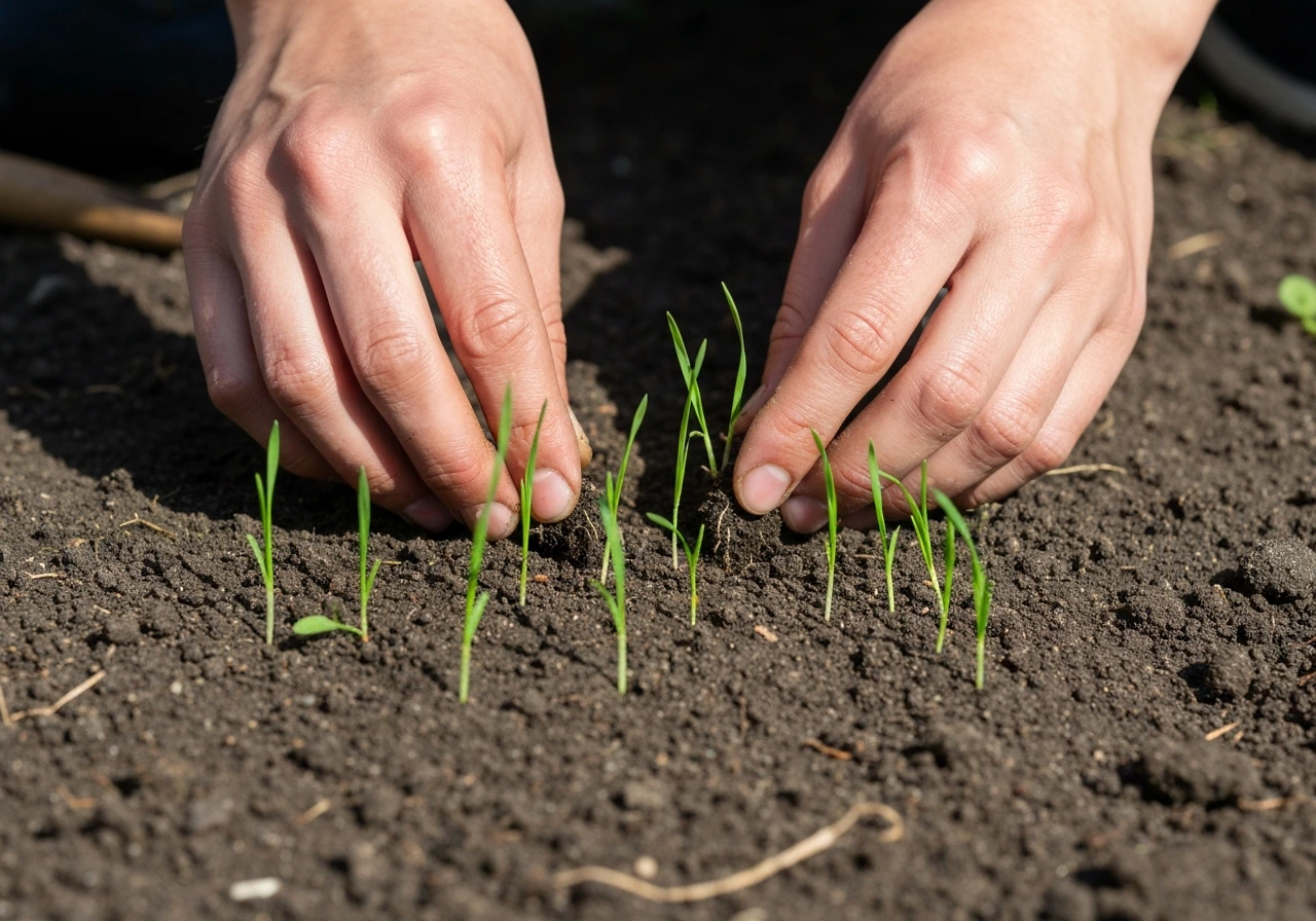 Hands carefully pulling tiny weeds around small monkey grass seedlings in garden soil.
