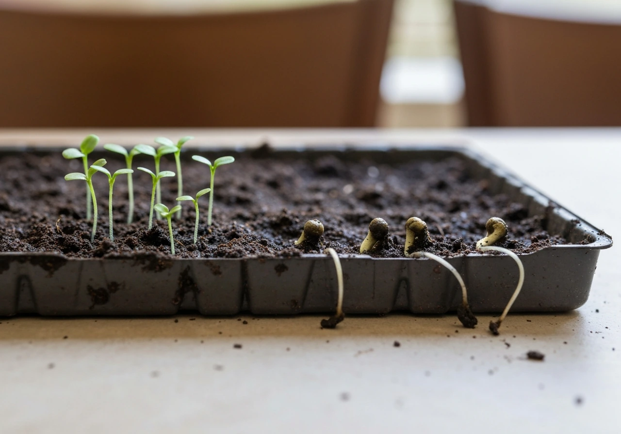 Healthy seedlings upright beside collapsed, dark rotted seedlings at the soil line in a tray.