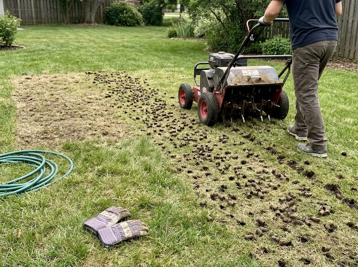 Core aerator creating holes in compacted soil before seeding