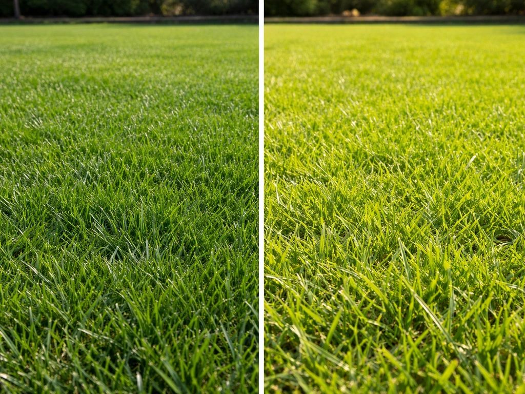 Split view of cool-season versus warm-season turf grass textures in natural light.