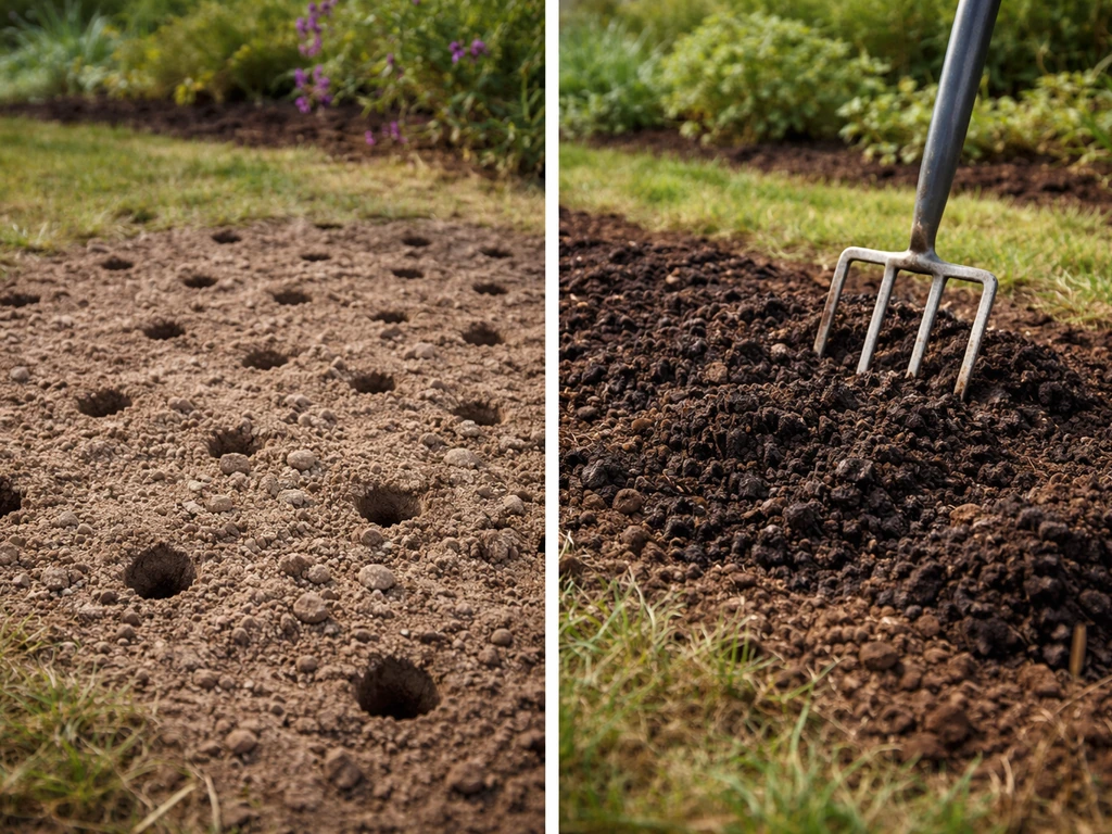 Garden lawn bed with visible soil plugs and compost being worked into the surface for clay-soil improvement